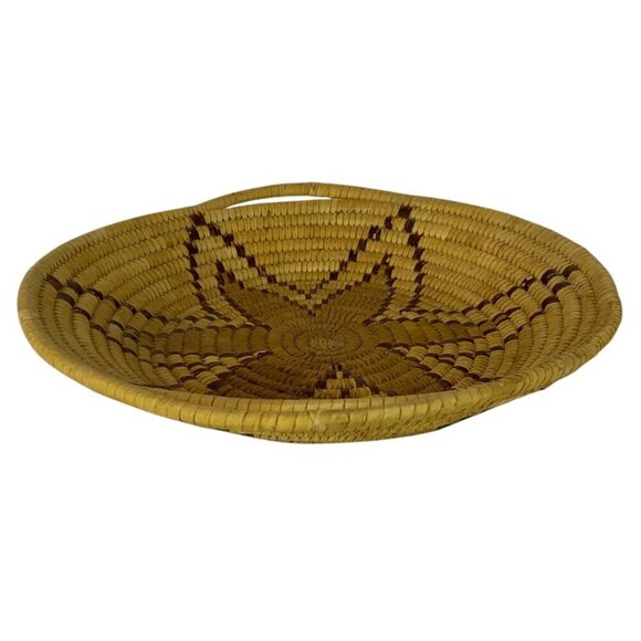 Tightly Coiled Straw Basket Handled Tray Squash Blossom Pattern Southwestern - Picture 4 of 7